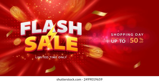 Flash sale banner with sparkling neon lights. Vector illustration for shopping day promotion, online shopping, special Offer coupon, voucher, banner template, websites, social media advertising.