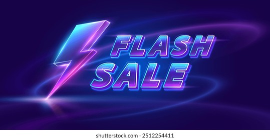 Anuncio de venta flash con luces de neón brillantes. Ilustración vectorial para la promoción del día de compras, compras en línea, Cupón de oferta especial, cupón, Plantilla de Anuncio, Sitios web, publicidad en redes sociales.