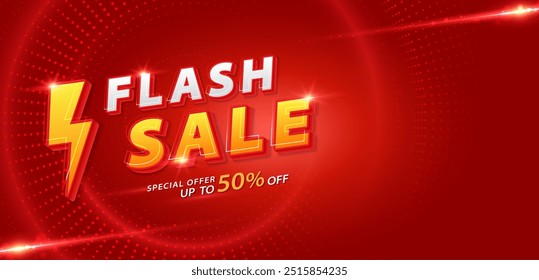 Banner de venda flash com luzes de neon cintilantes. Ilustração vetorial para promoção de dia de compras, compras on-line, cupom de oferta especial, voucher, modelo de banner, sites, publicidade em mídias sociais.