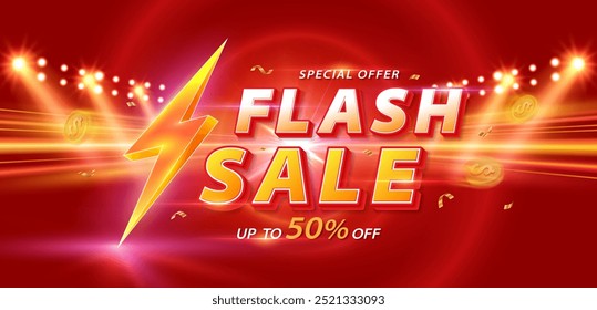 Banner de venda flash com luzes de neon cintilantes. Ilustração vetorial para promoção de dia de compras, compras on-line, cupom de oferta especial, voucher, modelo de banner, sites, publicidade em mídias sociais.