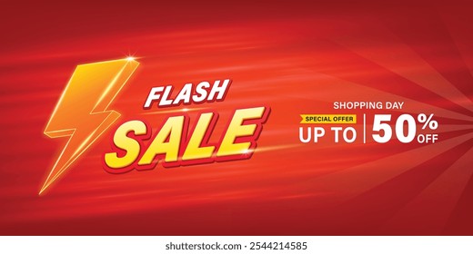 Banner de venda flash com luzes de neon cintilantes para promoção de dia de compras, compras on-line, cupom oferta especial, vale-presente no modelo de banner vermelho, publicidade em mídias sociais.