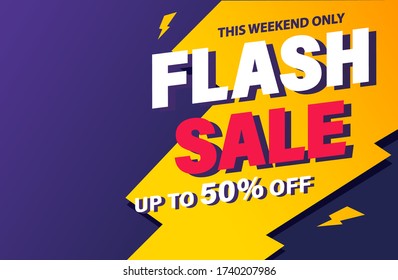 Flash Sale banner, special offer and sale. Shop now or this weekend only. Up to 50 or 60 or 70 off. Discount, mega sale. Vector illustration.