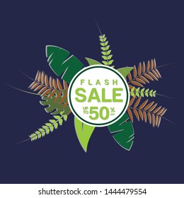 Flash Sale banner. summer sale. Vector illustration poster with palm leaves, jungle leaf. Floral tropical summer background. 