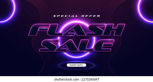 Flash Sale Banner Template Design with Glowing Neon Effect for Website or Social Media. Promotion Poster Design Vector Illustration