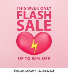 Flash sale banner template design with heart symbol for web or social media.