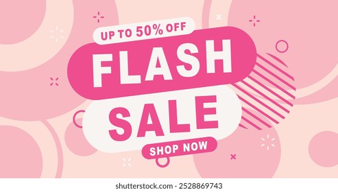 Flash Sale banner template design pink colour. Special offer sale tag, sale offer banner. 50% Discount template for marketing promotion, retail, shop, online store, or website vector illustration.