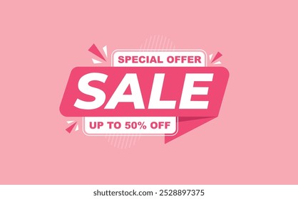 Flash Sale banner template design pink colour. Special offer sale tag, sale offer banner. 50% Discount template for marketing promotion, retail, shop, online store, or website vector illustration.