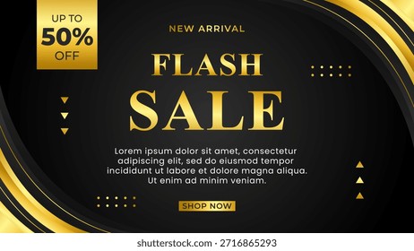 Flash sale banner template with elegant black and gold luxury background, up to 50% off, suitable for sale promotions, e-commerce, marketing ads, social media, websites, and pages