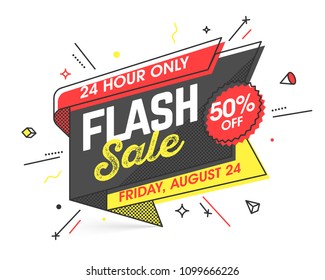 Flash Sale banner template in flat trendy memphis geometric style, retro 80s - 90s paper style poster, placard, web banner design, vector illustration
