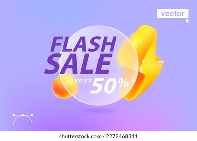 Plantilla de banner de venta flash en estilo morfismo de vidrio con icono de relámpago sobre fondo de vidrio circular. Elemento de interfaz de usuario vectorial para Black Friday, súper oferta, gran oferta, páginas de promoción de fin de temporada.