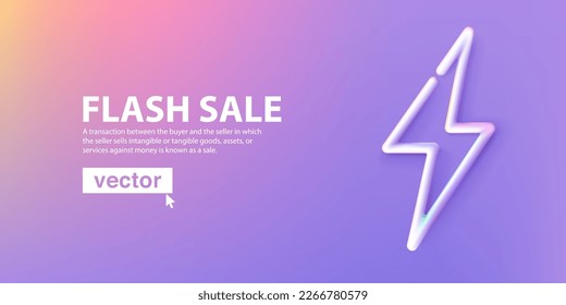 Plantilla de banner de venta en flash. Icono de línea de neón sobre fondo pastel violeta con representación 3D del vector de sombra. Elemento UI para páginas publicitarias de Cyber Monday, Black Friday.