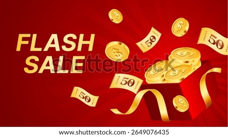 Flash sale banner template with opened gift box contains many golden coins, coupons flying around, isolated on red background. Gift voucher with coupon code banner template in 3d vector