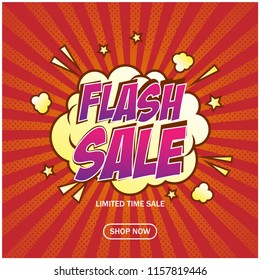 Flash sale banner template, sale poster with speech bubble in comic style, vector background in pop art style