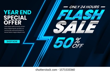 Flash sale banner template with techno concept. Year end special offer