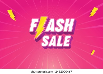 Anuncio De Venta Flash Con Signo De Trueno Sobre Fondo Rosa. Campaña de Oferta Especial de Compras. Ilustración vectorial de diseño de estilo retro.