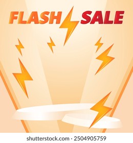 Flash sale banner with thunderclap sparkling neon lights. Flash sale pedestal for show product. podium product shopping day.