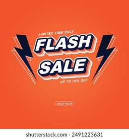 Flash Venta Anuncio Diseño de Vector Flash Ventas Texto con trueno Diseño de Plantilla de póster de compras para Sitio web, publicidad en redes sociales, oferta especial Flash Venta campaña de descuento Precio color naranja