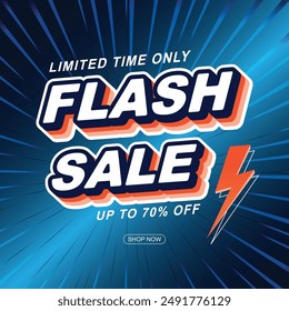 Flash Sale banner vector design Flash Sales Text with thunder and sunburst Shopping poster template ,social media advertisement, Special Offer Flash Sale campaign discount price Blue color