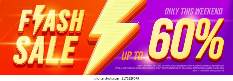 Flash sale banner with weekend discount up to 60 percent off. Flash sale on weekend. Only two days price clearance vector illustration. Flash discount special offer promotion