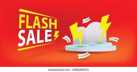 flash sale banner white coupon on light podium, tunder strom sale on red background.