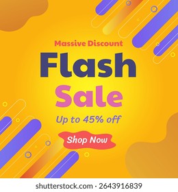 Flash Sale Banner in yellow background and colorful stripe with up to 45% off. Illustration. Massive Discount. Shop Now. Vector.