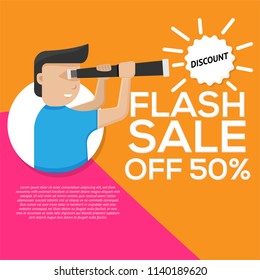 	
Flash sale banners template design Promo Discount 50% Off. With Avatar icon and Telescope Poster Illustration 