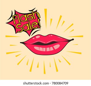 Flash Sale, Beautiful greeting card poster with comic lips pop art style