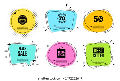 Flash Sale. Best seller, quote text. Special offer price sign. Advertising Discounts symbol. Quotation bubble. Banner badge, texting quote boxes. Flash sale text. Coupon offer. Vector