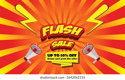 Flash sale, big sale template with loud speaker, 3d text effect, can be used in online selling market flyer, advertising, discount announcement, easily editable flyer, vector art illustration
