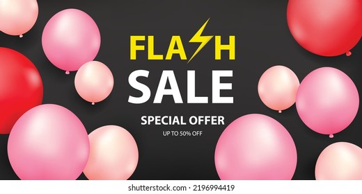 Flash sale black banner template design with pastel balloon for web or social media. Special offer background.
