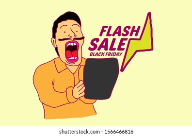flash sale and black friday icon for tamplate promotion background with shock man vector illustration