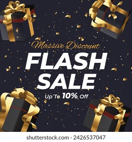 Flash-Verkauf in schwarzem Textur-Hintergrund und Golden Gift Design mit Rabatt bis zu 10% Rabatt. Massiver Rabatt. Vektorgrafik.