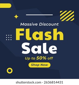 Flash Sale in blue Gradient Banner with discount up to 50%. Vector illustration. Massive Discount. Flash Sale Banner With Shopping offers. Shop Now.