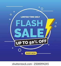 Flash Sale Blue Gradient Poster. Online Ecommerce Discount Promotion Typography Template. Lightning Symbol on Closeout Colorful Badge Banner Design Vector Illustration