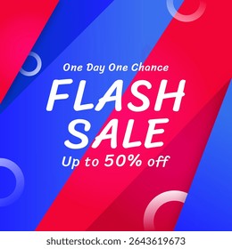 Flash Sale in blue and red Gradient Banner with up to 50% off. Vector illustration. Get discount 50%. Flash Sale Banner for online and offline ads.