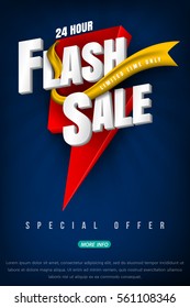 Flash sale bright banner or poster. One day big sale, special offer, clearance. Vector.