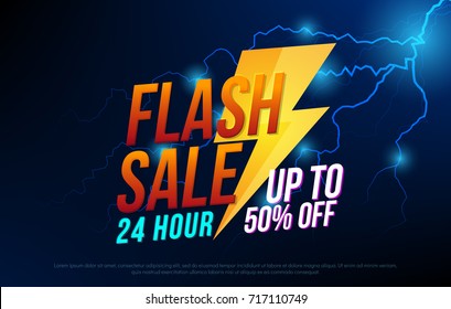 Flash sale bright banner with thunder design template for poster. One day big sale, special offer, clearance. Vector illustrator svg