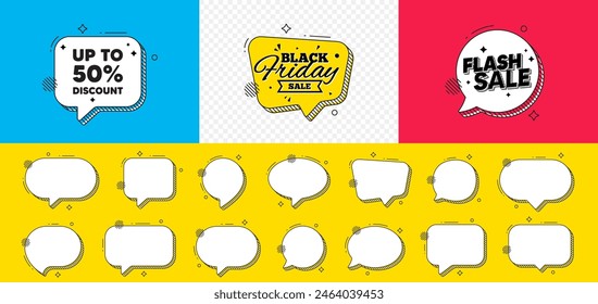 Flash sale chat speech bubble. Up to 50 percent discount. Sale offer price sign. Special offer symbol. Save 50 percentages. Discount tag chat message. Black friday speech bubble banner. Vector