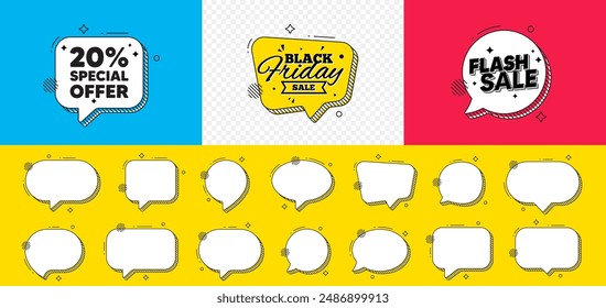 Burbuja de voz de chat de venta flash. 20 por ciento de descuento etiqueta de oferta. Signo de promoción de Precio de venta. Símbolo de oferta especial. Mensaje de chat de descuento. Anuncio de burbujas de discurso de Black Friday. Ofrecer globo de texto. Vector
