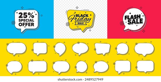 Burbuja de voz de chat de venta flash. 25 por ciento de descuento etiqueta de oferta. Signo de promoción de Precio de venta. Símbolo de oferta especial. Mensaje de chat de descuento. Anuncio de burbujas de discurso de Black Friday. Ofrecer globo de texto. Vector