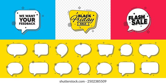 Flash sale chat speech bubble. We want your feedback tag. Survey or customer opinion sign. Client comment. Your feedback chat message. Black friday speech bubble banner. Offer text balloon. Vector