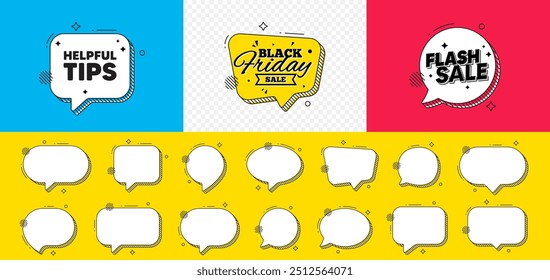 Burbuja de discurso de chat de venta flash. Etiqueta de consejos útiles. Signo de Educación de preguntas frecuentes. Símbolo de ayuda. Mensaje de chat de consejos útiles. Anuncio de la burbuja del discurso del viernes negro. Ofrecer globo de texto. Vector