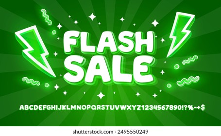 Fuente Flash sale color verde. Alfabeto inglés y signo de números. Ilustración vectorial