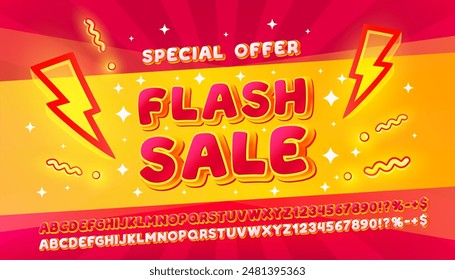 Flash sale color red and yellow font. English alphabet and numbers sign. Vector illustration