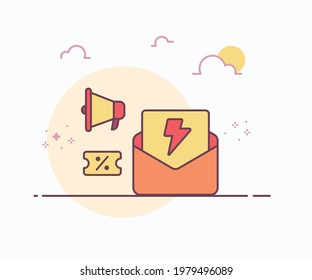 flash sale concept envelope voucher megaphone icon with soft color solid line style