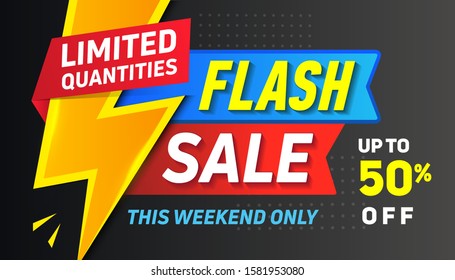 Flash Sale - concept promotion banner on black background design template. Discount up to 50% off. Special offer creative poster layout. This weekend only
