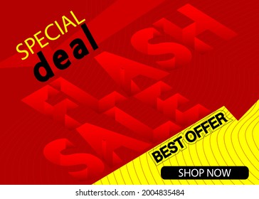 Flash Sale with Depth font. Abstract poster. Vector banner template design. Special offer discount banner, big promotion, mega sale fashion advertising.