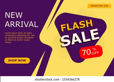 Flash sale discount 70 % banner. Template for business promotion, social media, post. Limited time only. New arrival. Vector illustration