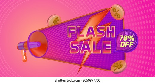  Flash sale discount banner promotion template with realistic megaphone and halftone background