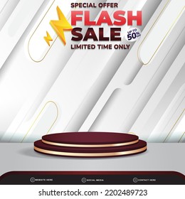 flash sale discount banner social media template post with blank space 3d podium for product with abstract white gradient background design